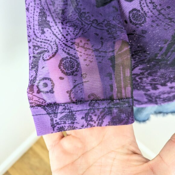 VTG 00s Y2K Guess Purple & Black Sheer Mesh Collage Graphic 3/4 Sleeve Top Sz M - Picture 5 of 6